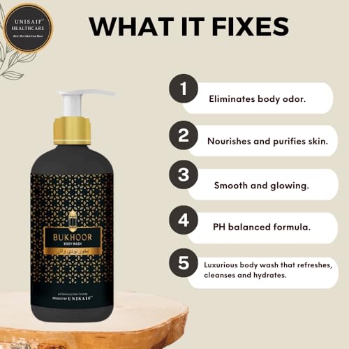 Unisaif Bukhoor Arabian Luxury Organic Body Wash & Shower Gel for Women & Men Ph Balanced, Skin Friendly, Sulphate & Paraben Free 300ml