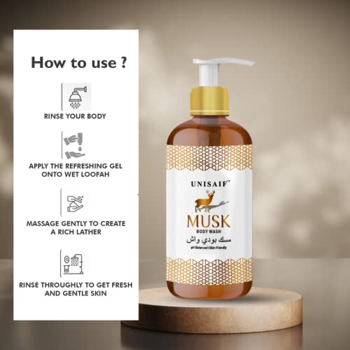 Unisaif Musk Organic Body Wash & Shower Gel Women and men's | Sulphate & Paraben Free| Skin Friendly| Nourishing (300ml)