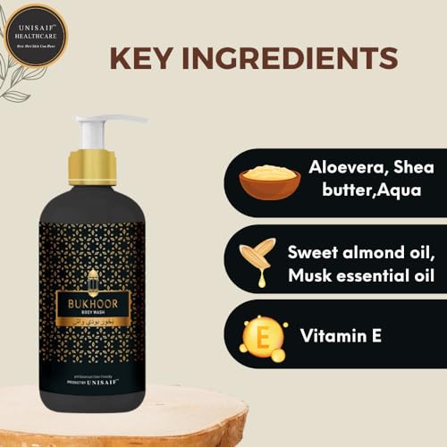 Unisaif Bukhoor Arabian Luxury Organic Body Wash & Shower Gel for Women & Men Ph Balanced, Skin Friendly, Sulphate & Paraben Free 300ml