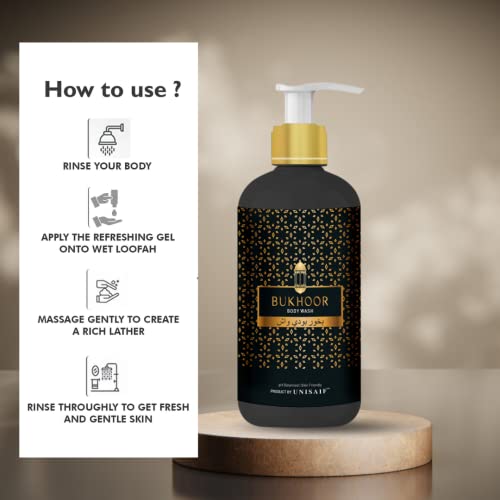Unisaif Bukhoor Arabian Luxury Organic Body Wash & Shower Gel for Women & Men Ph Balanced, Skin Friendly, Sulphate & Paraben Free 300ml