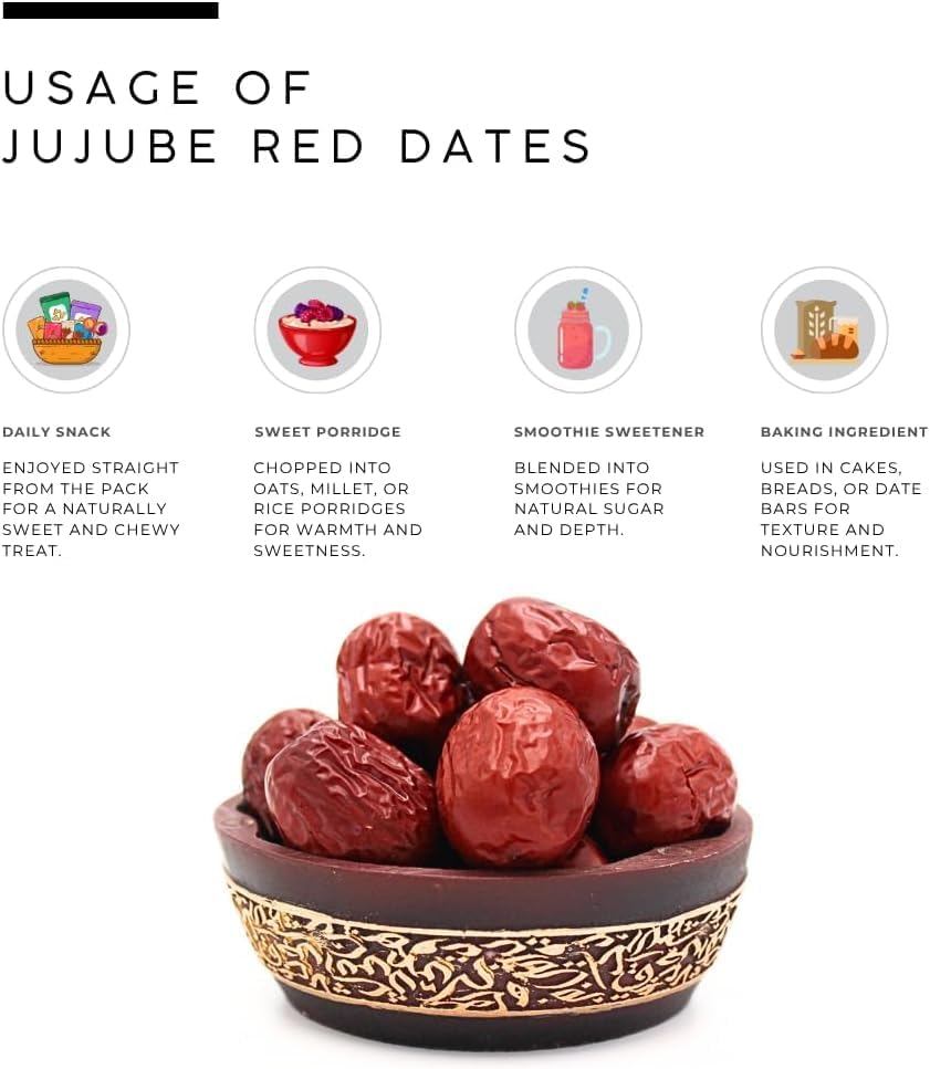Premium Dried Jujube Red Dates Fruit 1 KG- Great Snack for a Quick and Healthy Boost No Added Sugar, Natural Vegan & Plump Red Dates Good Quality - Pack of 1 KG