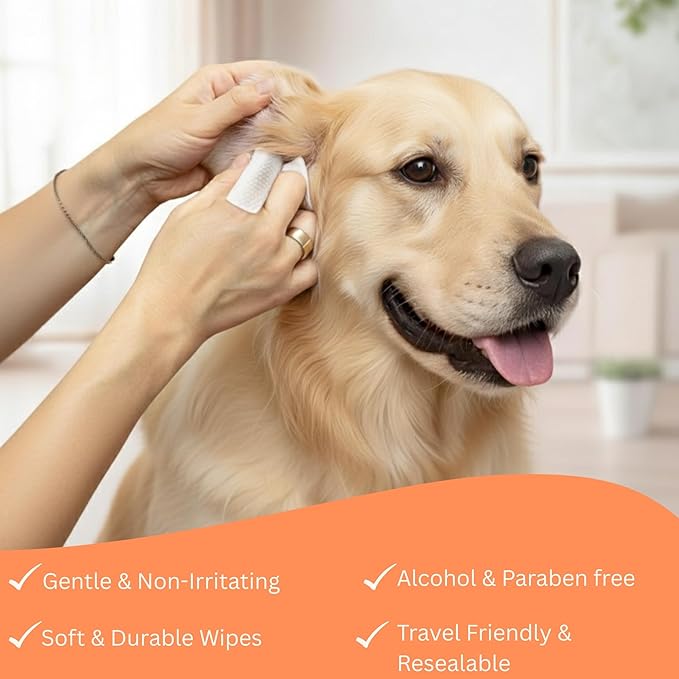 Dog Ear Cleaner – 100 Dog Ear Wipes Gently Remove Wax & Dirt | Ear Cleaner for Dogs UK | Ear Wipes for Dogs Biodegradable Cat Ear Cleaner Wipes