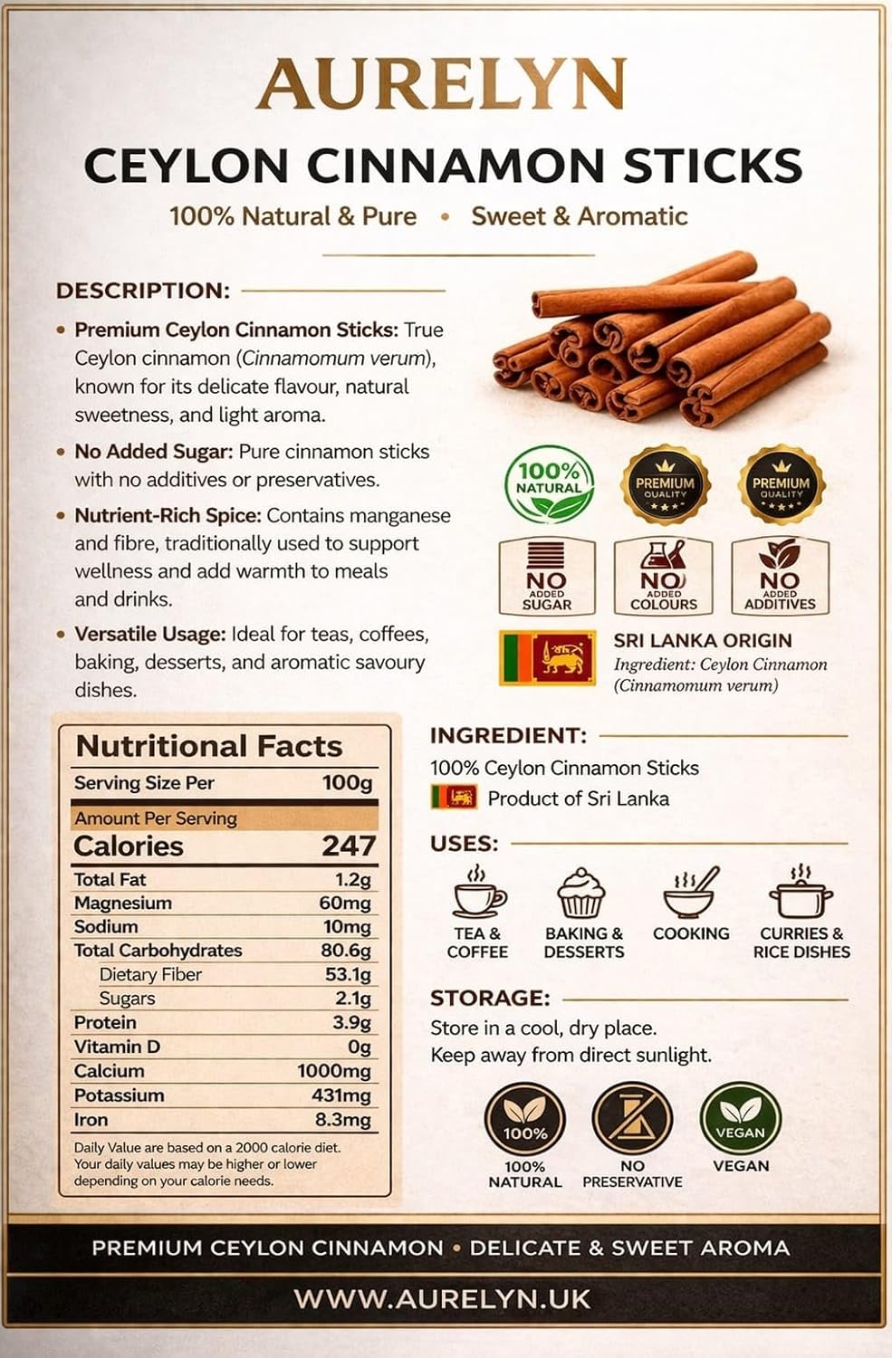 Ceylon Cinnamon Sticks (200G) | Cinnamon Quills | 100% Natural & Pure | Zimt | Cannelle | Canela | Danchini Sticks | Sweet and Aromatic 200G
