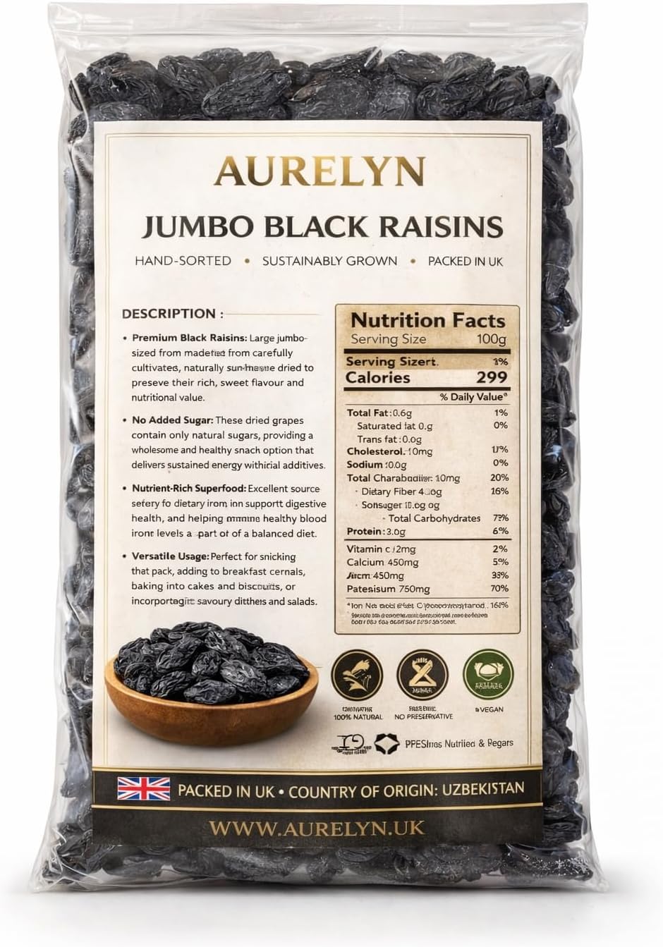 Premium Quality Black Raisins (Sultanas), Natural Dried Grapes, Without Seeds, Large Jumbo Size, No Sugar Added, High in Iron & Fibre, Clean & Fresh Quality 1 Kg Pack