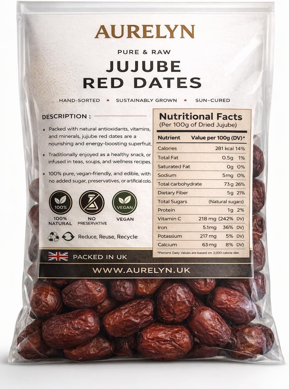 Premium Dried Jujube Red Dates Fruit 1 KG- Great Snack for a Quick and Healthy Boost No Added Sugar, Natural Vegan & Plump Red Dates Good Quality - Pack of 1 KG