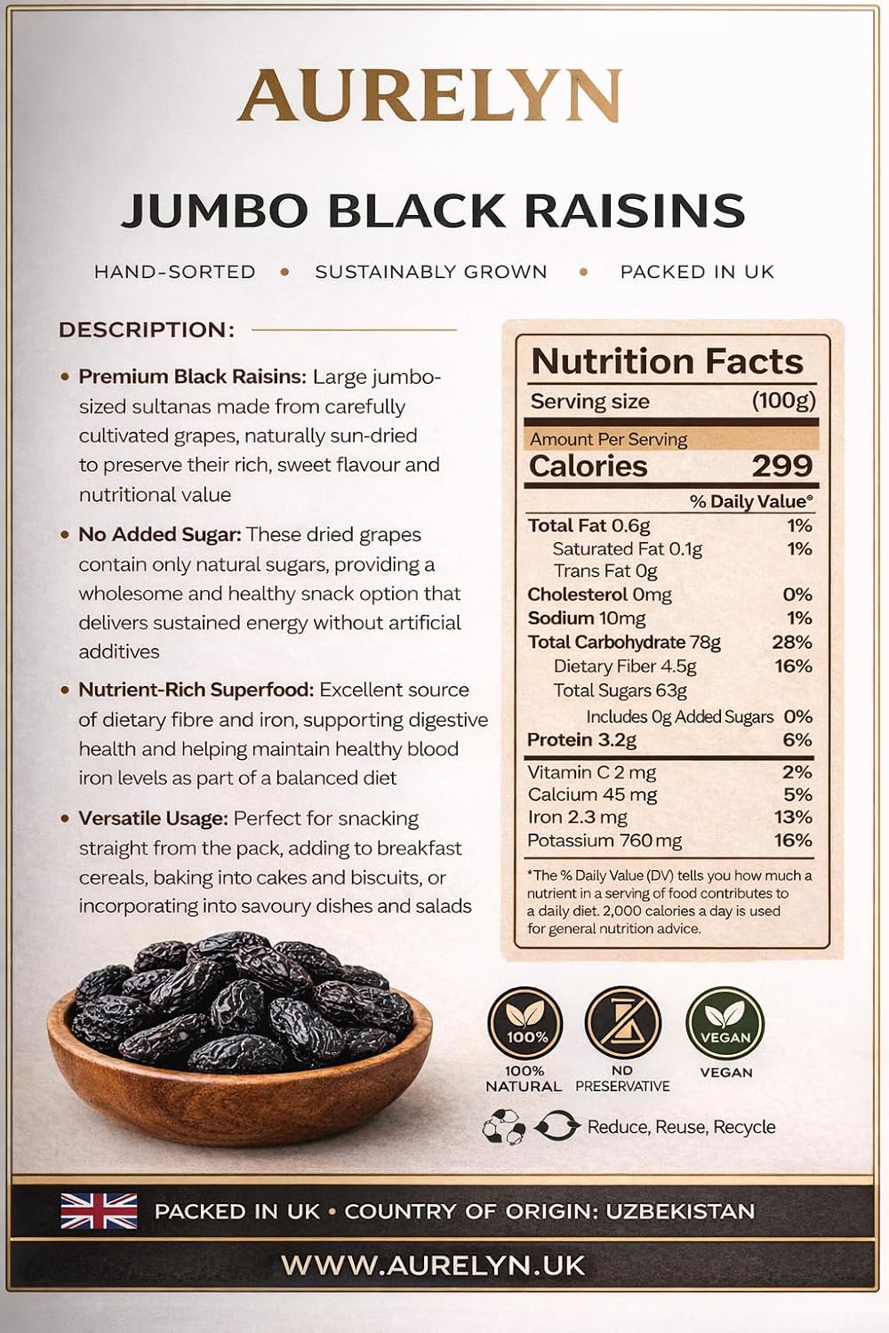 Premium Quality Black Raisins (Sultanas), Natural Dried Grapes, Without Seeds, Large Jumbo Size, No Sugar Added, High in Iron & Fibre, Clean & Fresh Quality 1 Kg Pack